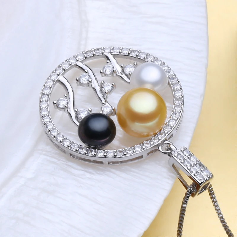 

FENASY 925 Sterling Silver Round Vintage Pendant With Chain Natural Freshwater Pearl Necklaces For women Three Color Pearl Beads