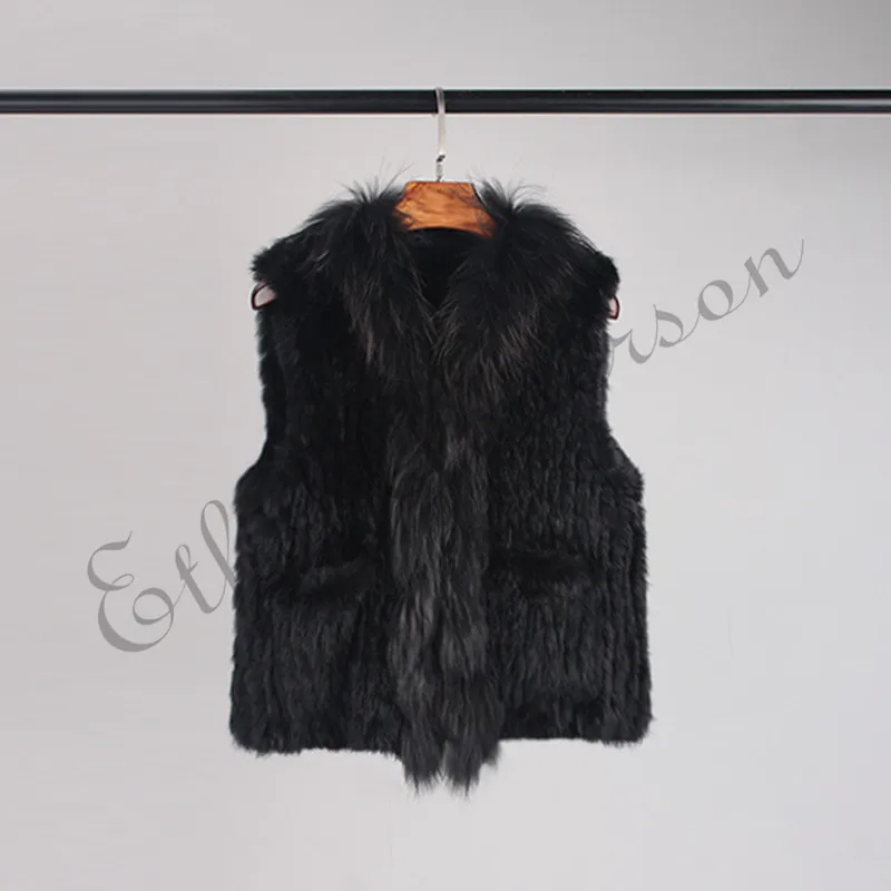 

High Quality Real Knitted Fur Gilet Rabbit Fur Vest Raccoon Collar Pockets Jacket Coat Fashion Waistcoat 2018 Newest
