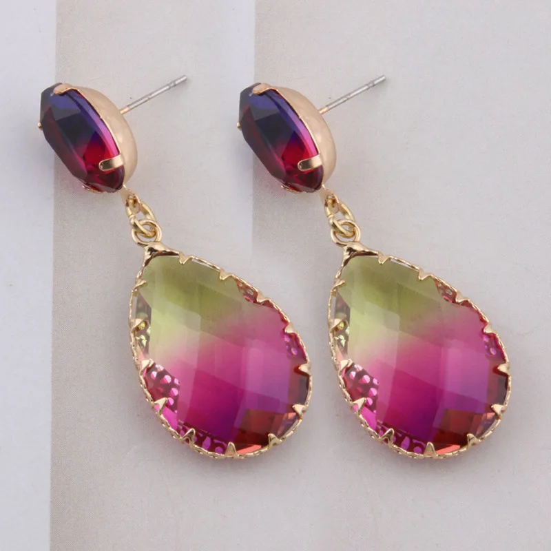 Gradient rose yellow NeeFuWoFu, серьги в форме капли воды, стеклянные серьги для женщин, большие серьги в богемном стиле с кристаллами, модные ювелирные изделия, подарок для девочки - Окраска металла: Gradient rose yellow