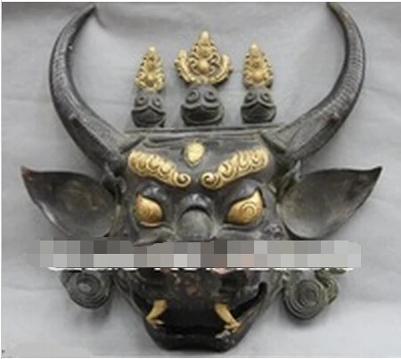 WBY---323 + изысканная 14 &quotБронзовая медная позолоченная маска Yamantaka Hayagriva Buddha Face Bull Ox