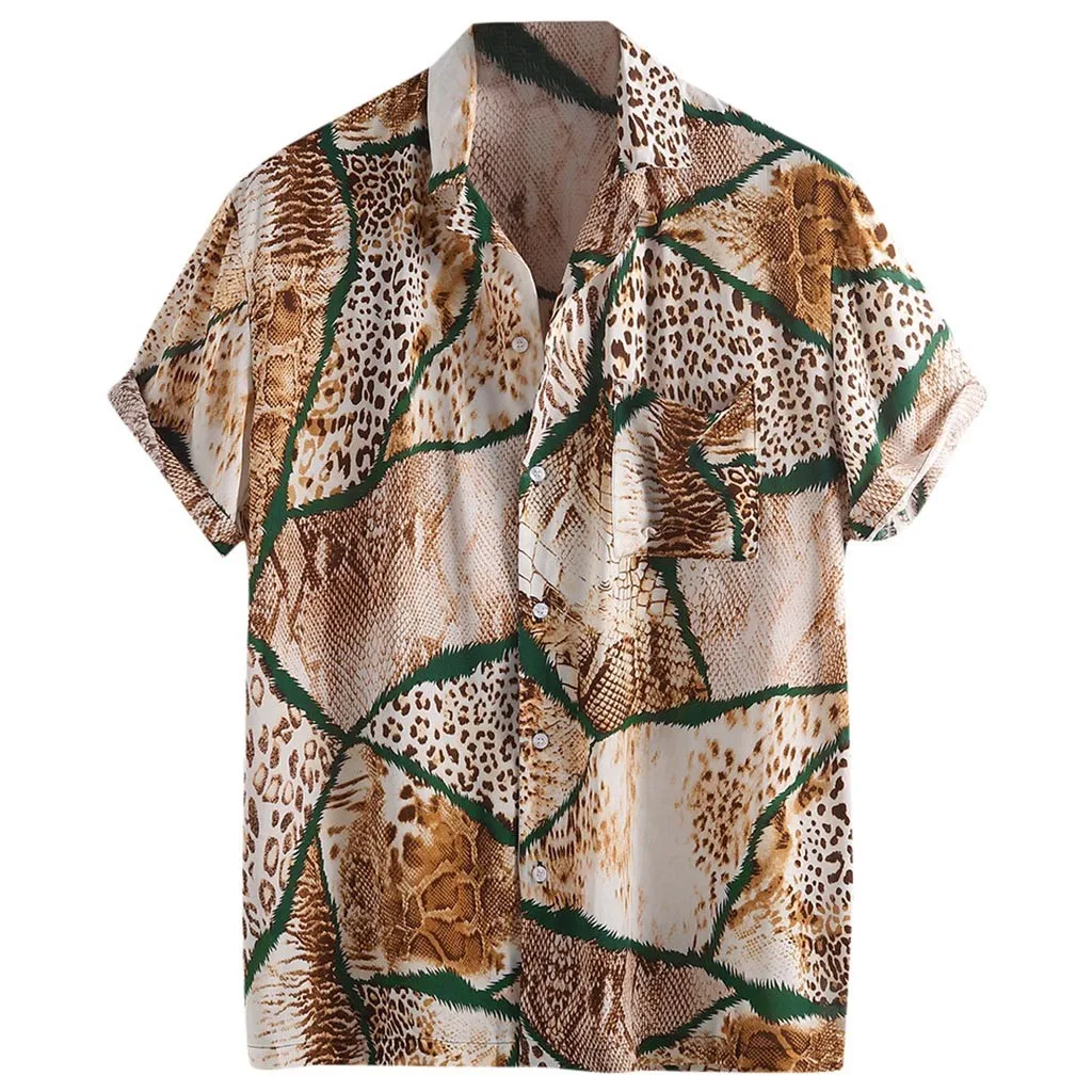 8154Brown ISHOWTIENDA, новинка, мужская рубашка с леопардовым принтом, нагрудный карман, отложной воротник, короткий рукав, Повседневная Свободная рубашка, Camicia calda da uomo - Цвет: 8154Brown