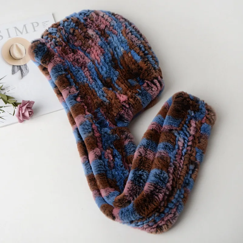 Вязаная шапка шарф для женщин зимние теплые шапки с защитой от холода кроличьим