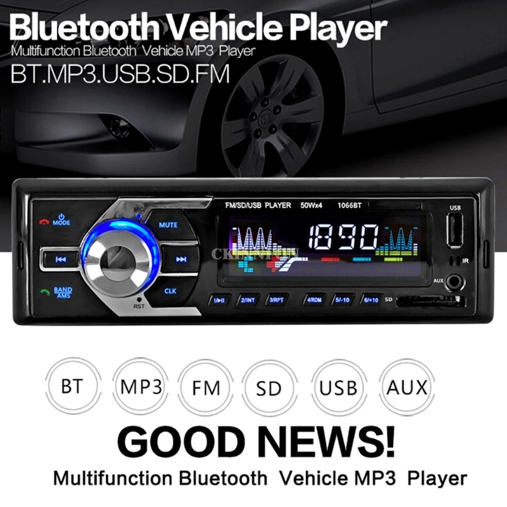 Автомагнитола стерео MP3 плеер Bluetooth mp3 FM/USB/1 Din с дистанционным управлением 12 В 1066BT
