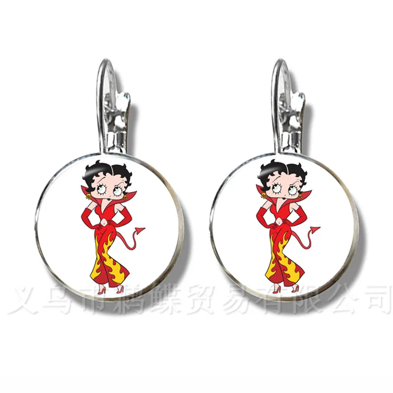 

Romantic Betty Boop Pattern Glass Dome Earrings For Women Girls Silver Plated Stud Earrings Jewelry Accessories For Best Gift