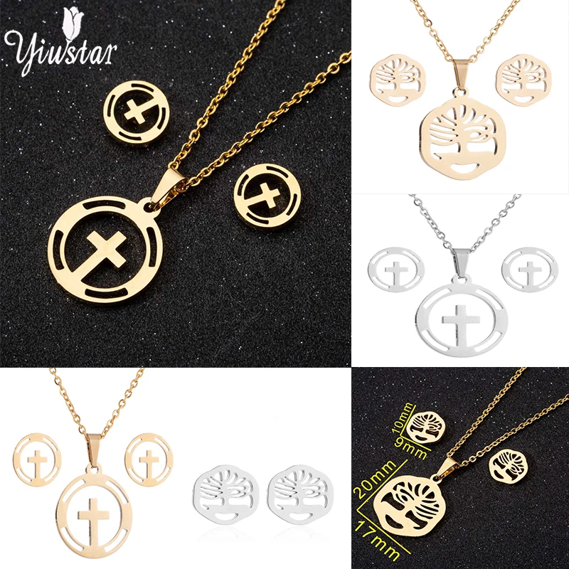 

Yiustar Simple Cute Jewelry Sets Stainless Steel Cross Necklace Earring Sets For Women Girls Charming Accessories Female Jewelry