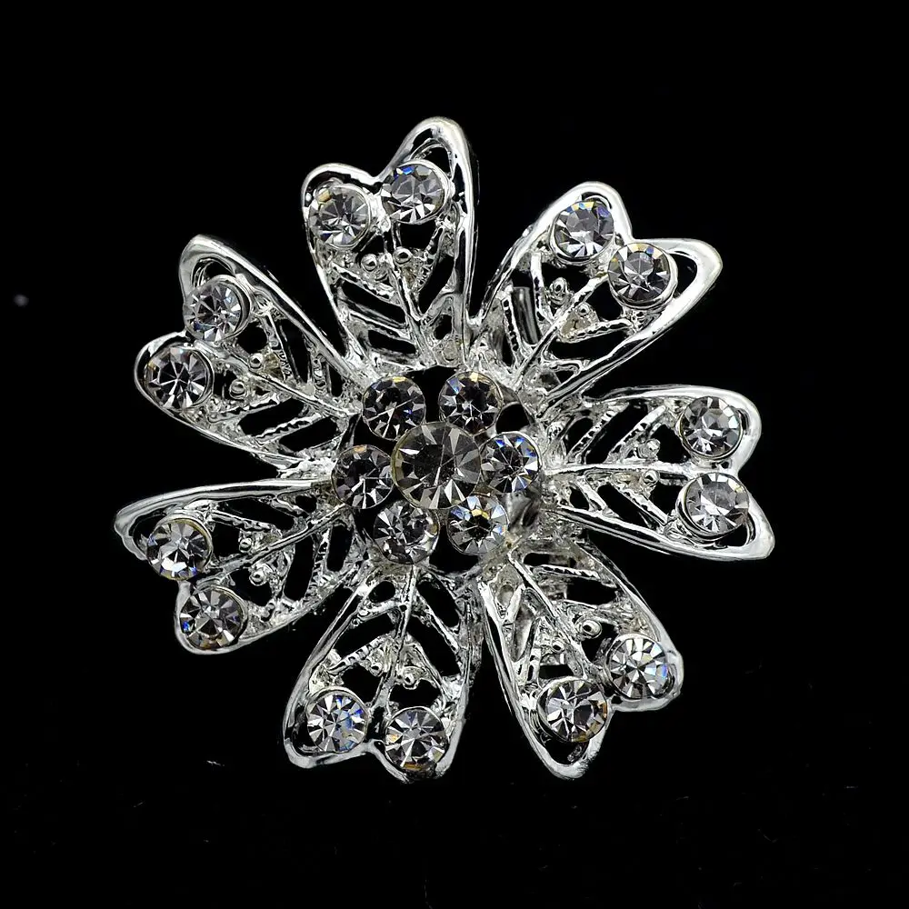1.3&quot Silver Tone Clear Rhinestone Crystal 7 Petals Flower Brooches Party Prom Wedding Accessories |