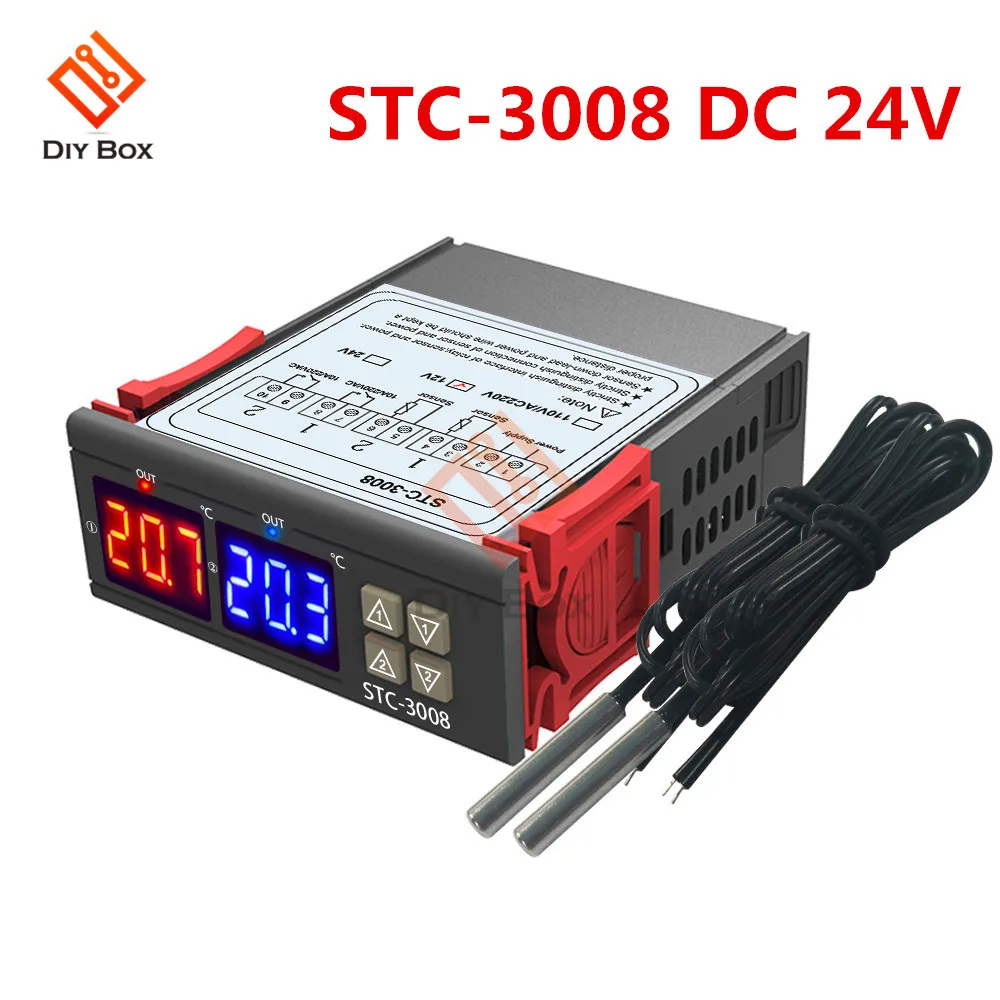 STC-3008 DC 24V STC-1000 3000 3008 двойной светодиодный цифровой термостат регулятор температуры DC 12 В 24 В AC 110 В 220 в регулятор нагрева и охлаждения - Цвет: STC-3008 DC 24V