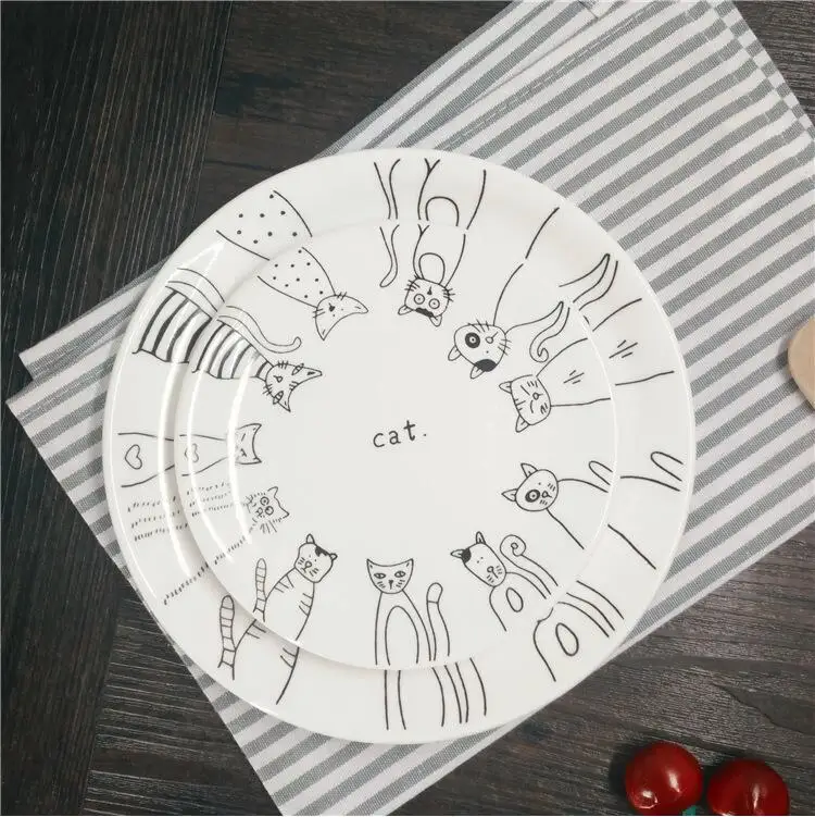 Обеденные тарелки с мультяшным котом керамические 8 * дюймов стандартные плоские