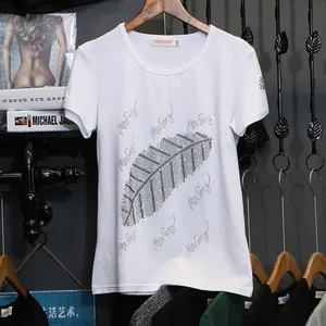 Футболка женская 2021 летняя дышащая высококачественная футболка с короткими рукавами и бриллиантами Пуловеры Свободная повседневная эластичная рубашка с низом