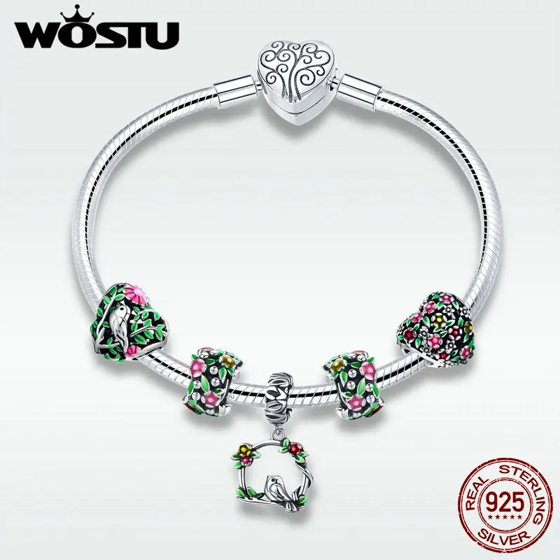 WOSTU,, 925 пробы, серебряные весенние цветы, листья и браслет с подвеской в виде птицы для женщин, модный бренд, ювелирное изделие из бисера, подарок DXB804