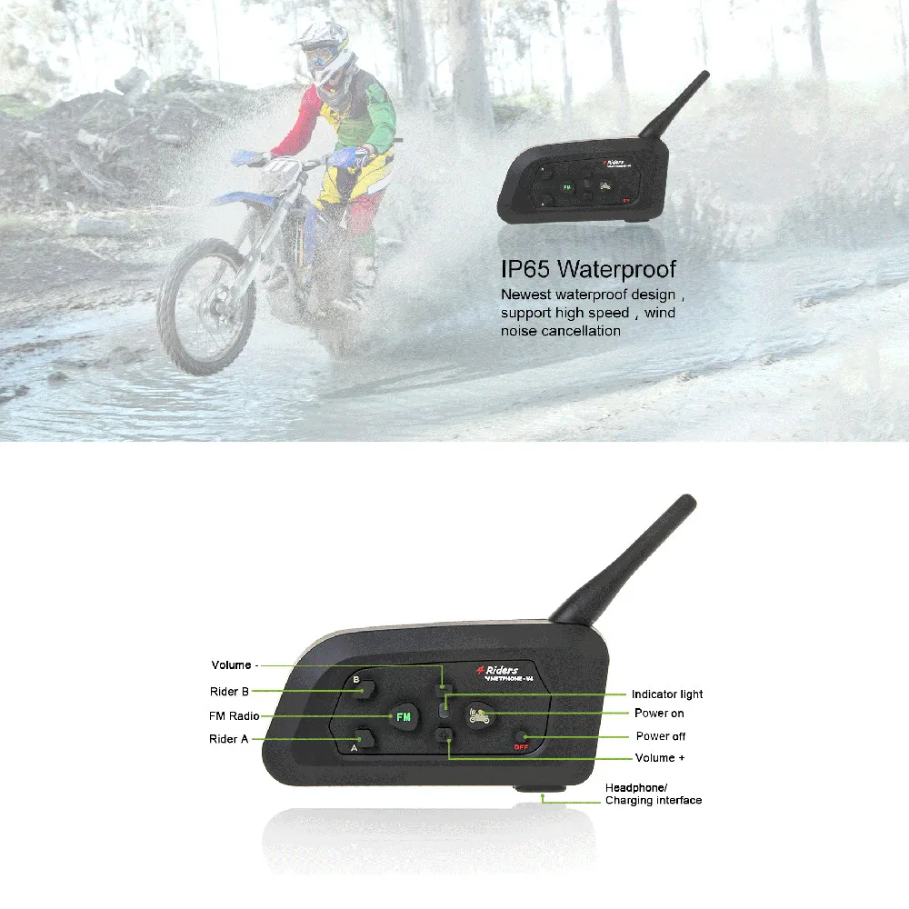 2Pc 1200M V4 BT Multi Interphone Bluetooth Intercom Waterproof FM Motorcycle Headphone Helmet Headset Communicator 4 Riders | Автомобили и