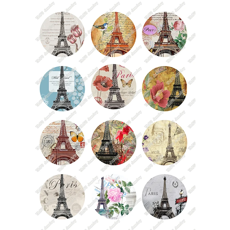

24pcs/lot 24different Style Round French Paris Eiffel Tower Bird Flower Pattern Glass Cabochon Gems for DIY Jewelry Finding T079