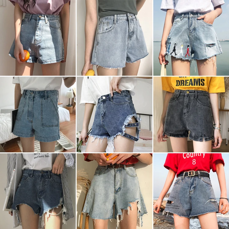 Женские джинсовые шорты классические винтажные рваные с высокой талией синие