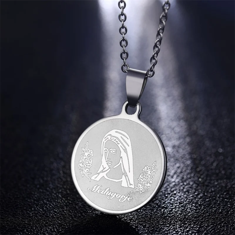 Ожерелье католическая Дева Мария скульптура круглой медали из нержавеющей стали