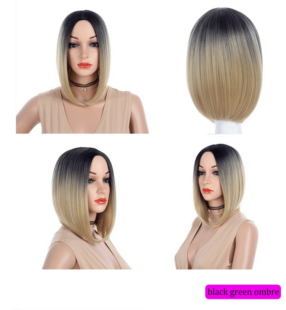 Yiyaobess 12 дюймов прямые черные серые Омбре короткий парик-Боб синтетические волосы два тона розовый красный зеленый голубые парики для женщин