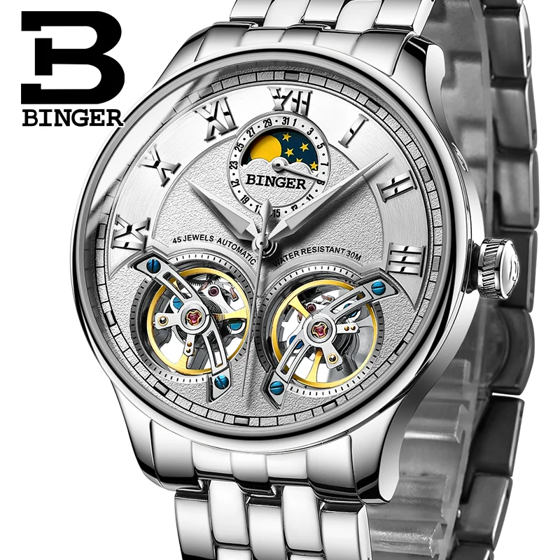 

Швейцарские механические мужские часы Бингер, роскошные брендовые наручные часы с сапфиром, водонепроницаемые мужские часы, мужские часы