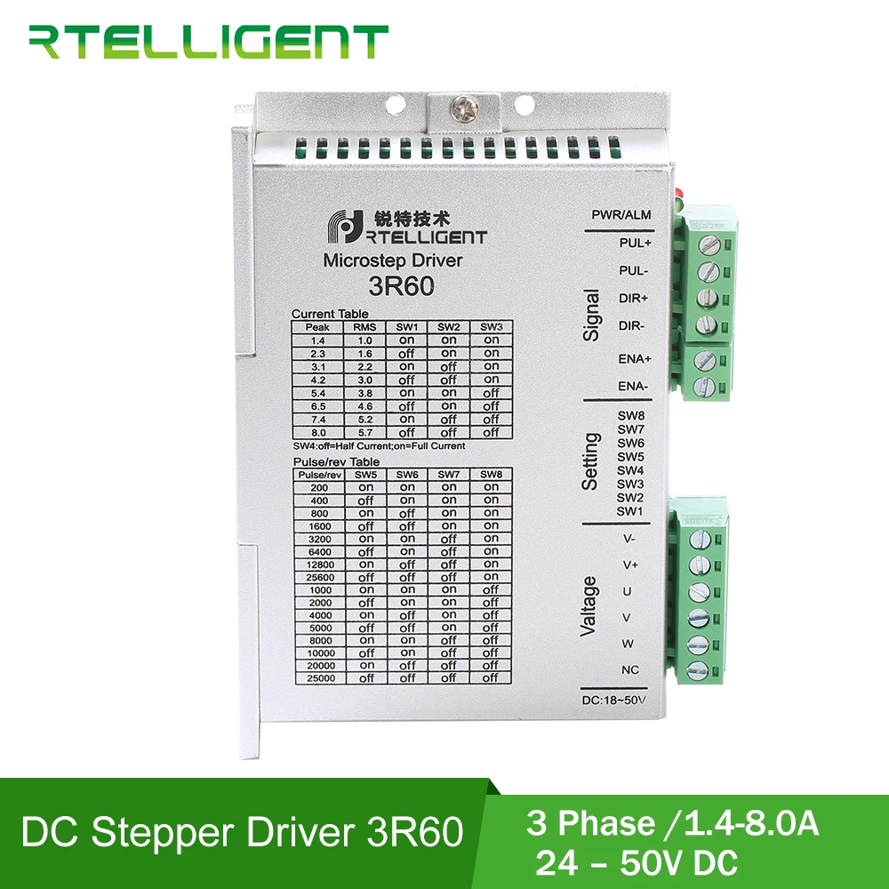 

Rtelligent 3R60 3 Phase1.4-8.0A Stepper Motor Driver 24-50VAC/DC Motor Driver Controller for Nema17 23 24 CNC Kit Stepper Motor