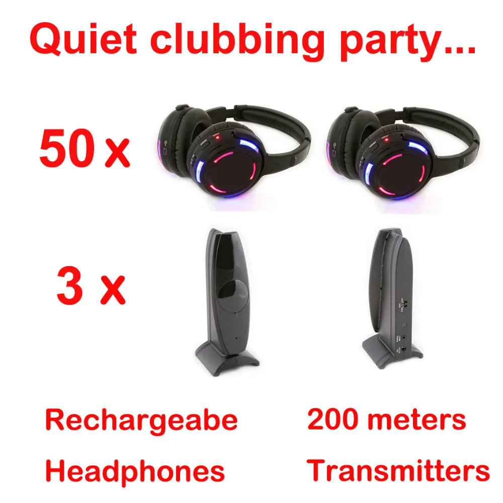 

Silent Disco Complete System Black Led Wireless Headphones - Quiet Clubbing Party Bundle (50 Headphones + 3 Transmitters)