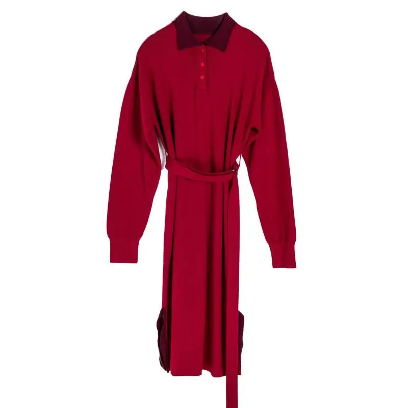 

Hot Sale 2019 Polyester Spandex Viscose A-line Plus Size Dress Ukraine Woman Knit Dress Doll Collar Tie Hot Women Long Sleeve