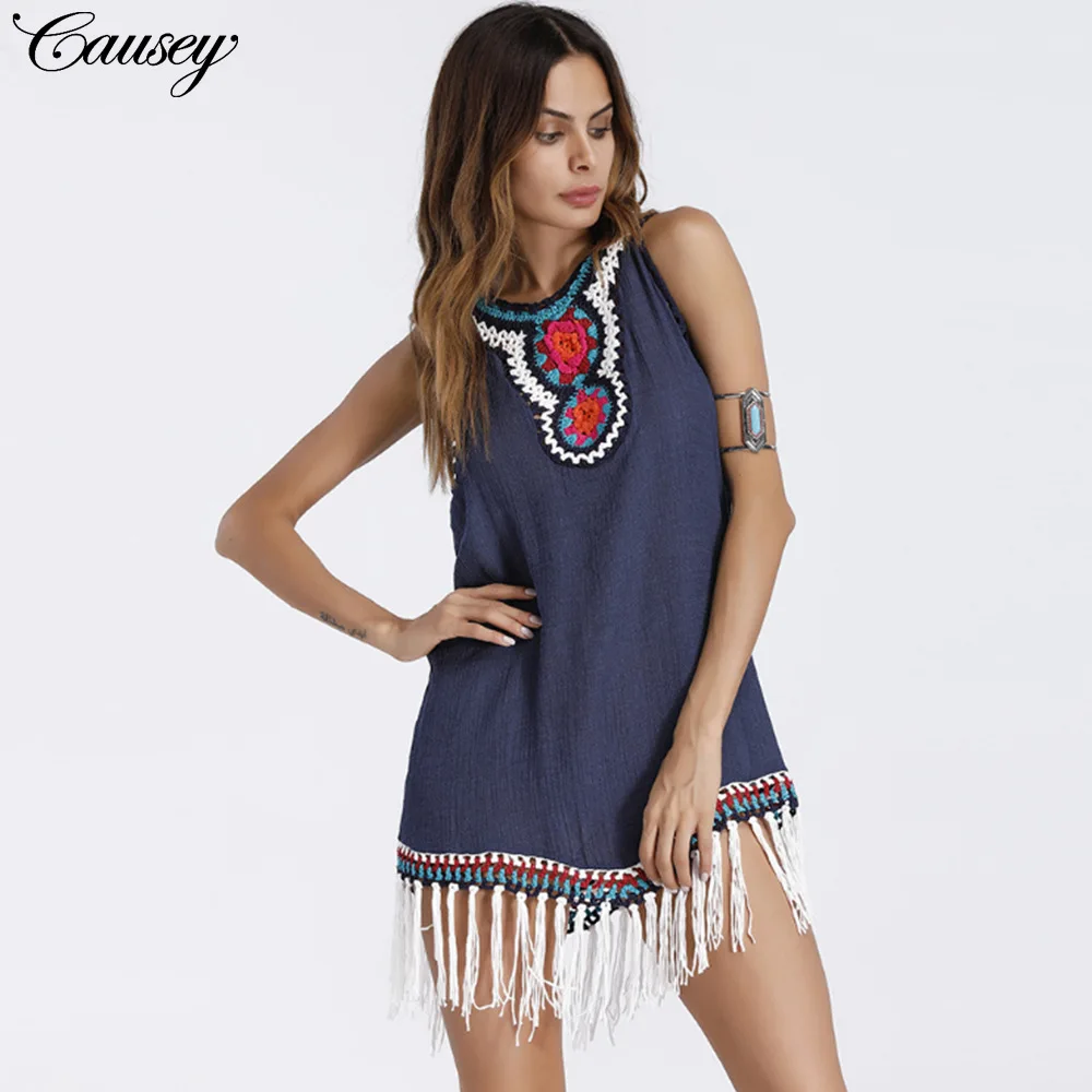 Boho Top Women Floral Print Bohemian Shirt Summer Long Vintage Tassel Patchwork Knitted Tops Tribal Indie Folk One Size | Женская одежда