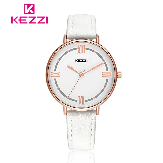 Kezzi Топ Фирменные женские часы кожа Женский Большой циферблат Кварцевые часы для женщин Тонкий Повседневный ремешок часы Reloj Mujer