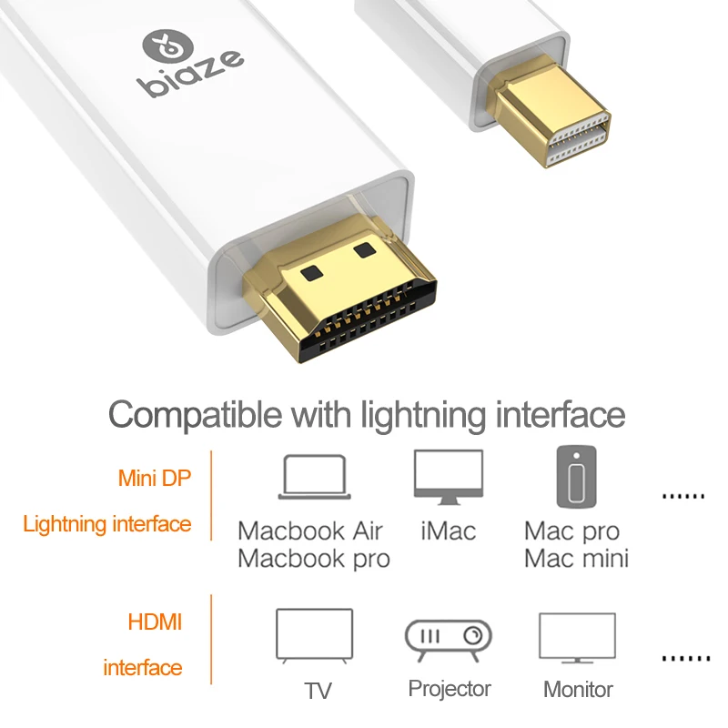 Biaze Mini DisplayPort to HDMI адаптер dp-кабель мини Thunderbolt HDMI конвертер для MacBook Air 13 Surface Pro 4 Thunderbolt 2 k