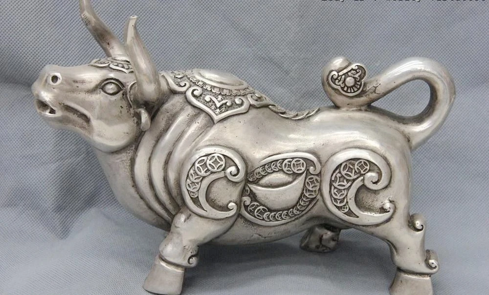 China Fengshui Copper Silver Zodiac Year Animal RuYi Wealth Bull Ox Oxen Statue | Дом и сад