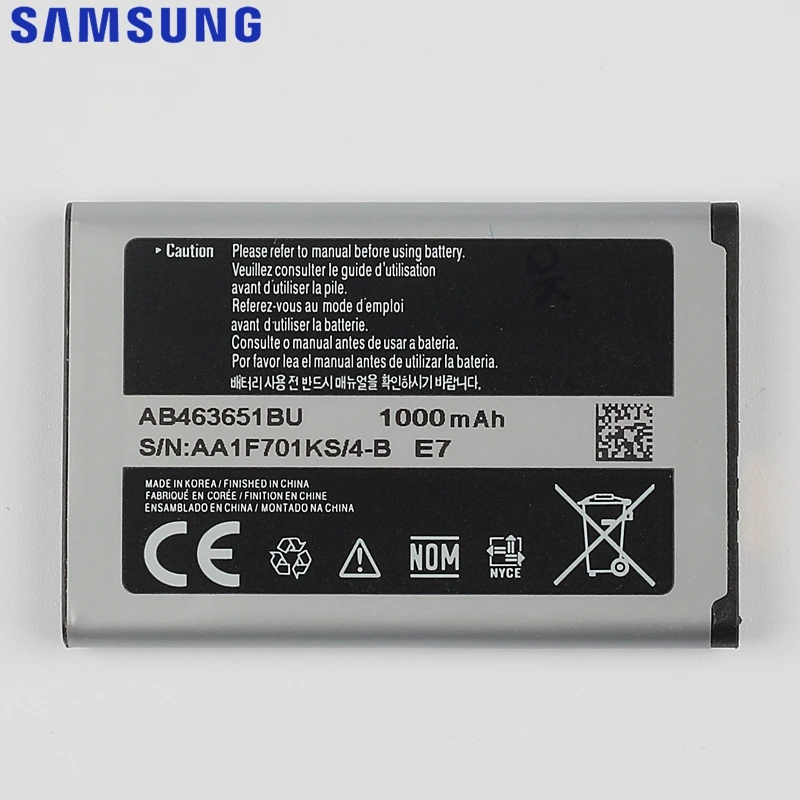 Оригинальный аккумулятор Samsung для J800 S3650 L700 W559 S5628 C3222 S7070 S5608 S3370 B3410 F339 AB463651BC AB463651BE