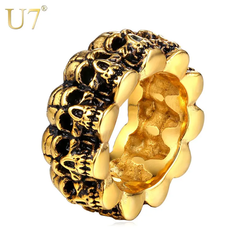 U7 Нержавеющая Сталь Череп Кольцо Для Мужчин Ювелирные Изделия Позолоченный Панк