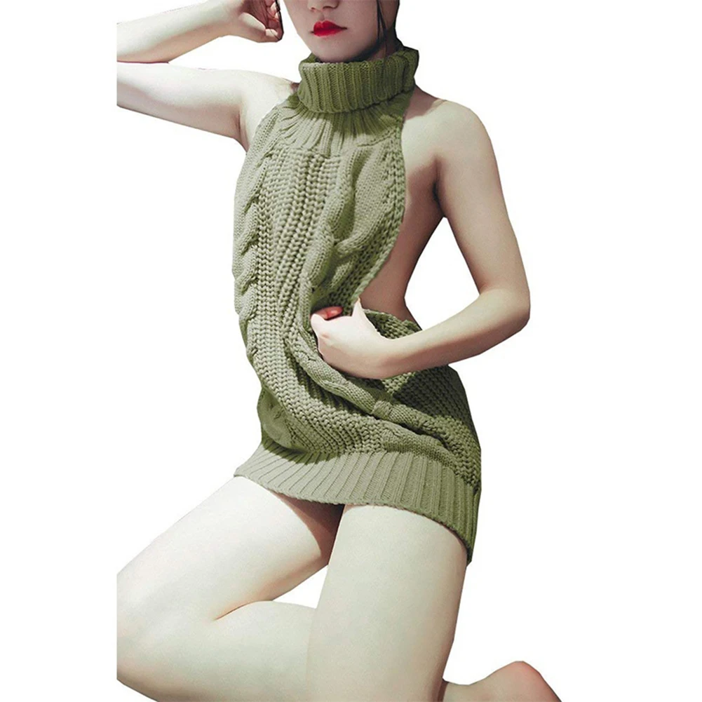 

New Arrival Women Sexy Backless Sleeveless Turtleneck Pullover Knit Sweater Cosplay Dress 2019 Dress For Women