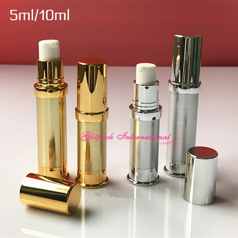 high qulity silver gold 5ml 10ml Small sample airless pump cream bottle lotion essential empty Refillable Bottles containers