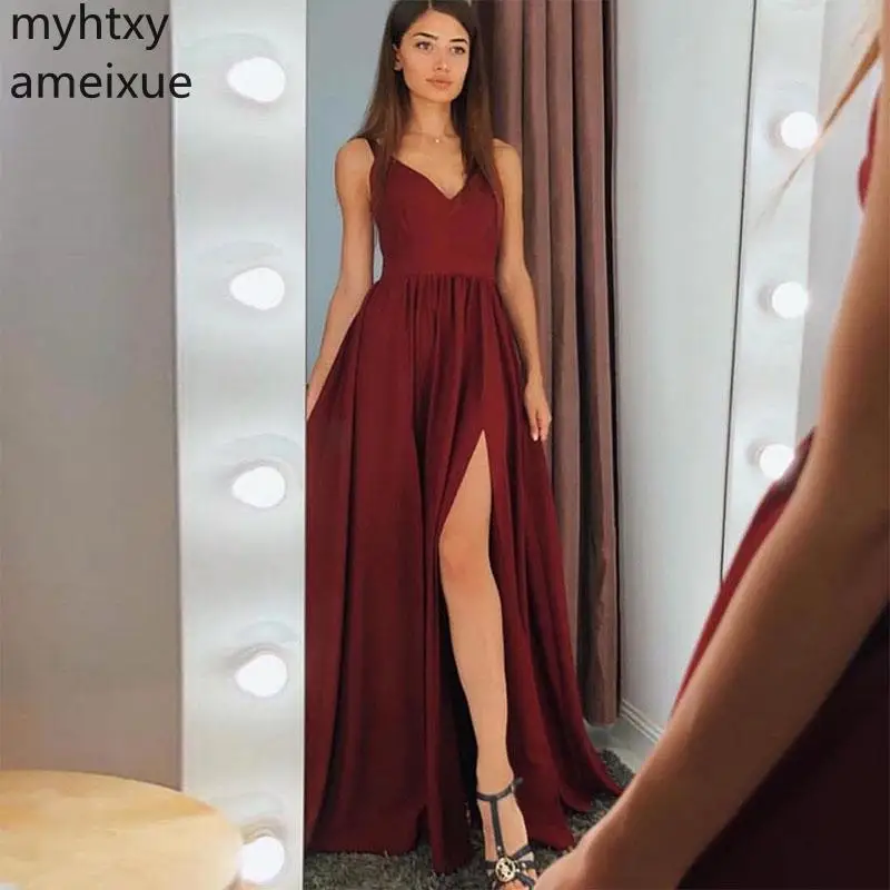 

Custom Plus Size Simple V-neck Black Burgundy Cheap Evening Dress Sexy Satin Front Split Women Formal Party Gowns Robe De Soiree
