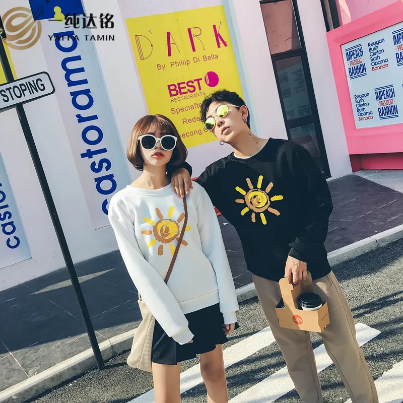 

Casual Sun flower Sweatshirts Men female Hoodies lover sweatshirts warm top 2017 Winter Round collar velvet Pullovers for men