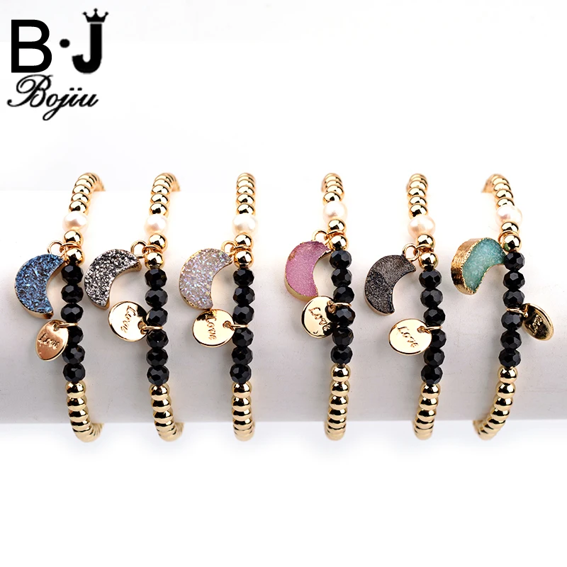 

BOJIU Love Pendant Bracelet Multi-Color Natural Druzy Stone Elastic Gold-Color Copper Beads Women's Bracelet Jewelry BC177