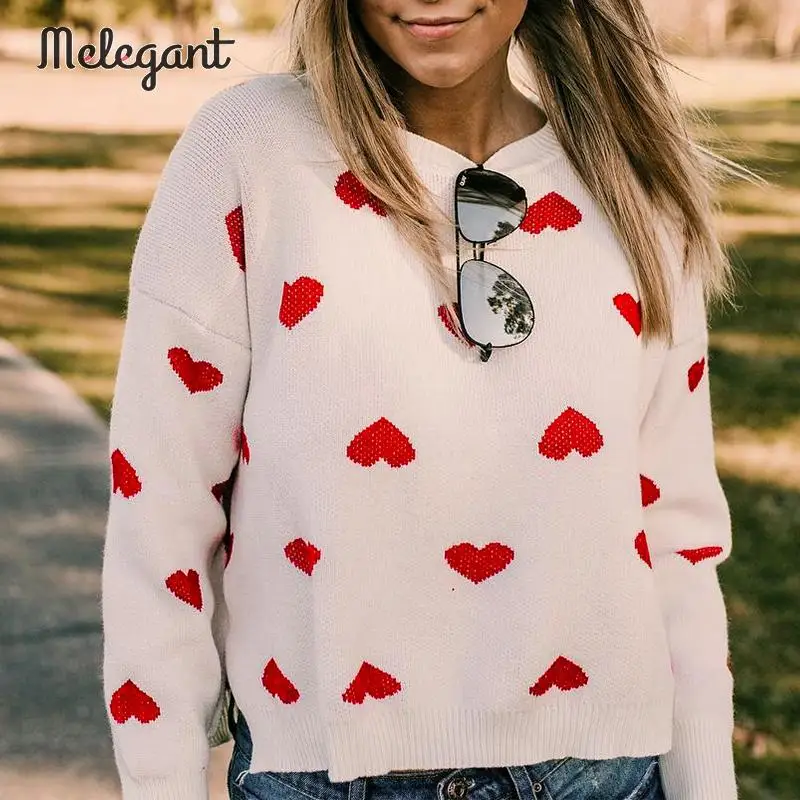 Melegant Winter 2019 Pullover Sweaters Women Heart Knitted Female Casual Ladies Sweater Jumper Knitwear | Женская одежда
