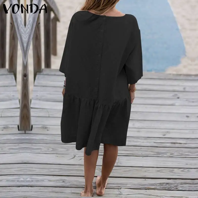 VONDA, Осеннее женское винтажное Хлопковое платье, повседневное свободное платье с карманами, длинным рукавом, пуговицами сзади, платье-рубашка, миди сексуальное платье, мешковатое