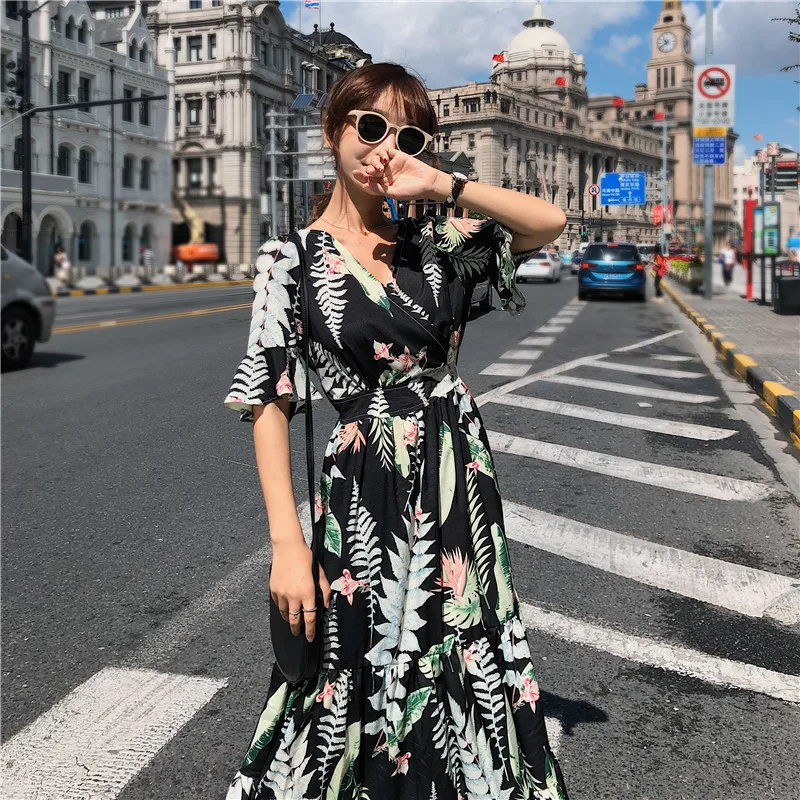 Female Summer Dress 2019 New Korean Fashion Women Short Sleeve Black Floral Print Long Chiffon Dresses | Женская одежда