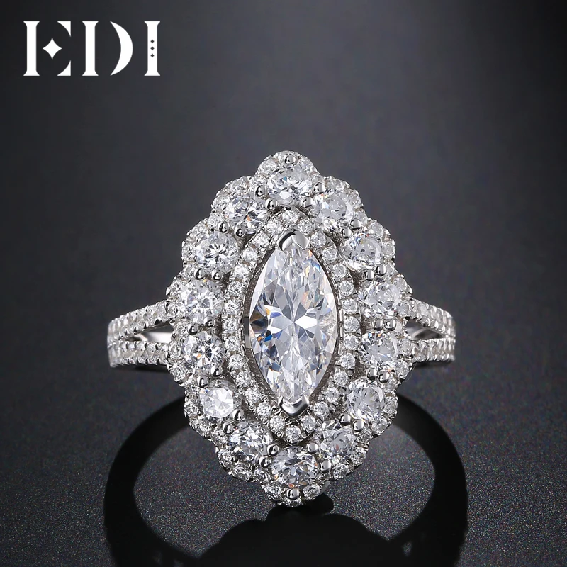 EDI роскошное кольцо с алмазом из белого золота 14 к 585 пробы 1ct маркизой для женщин