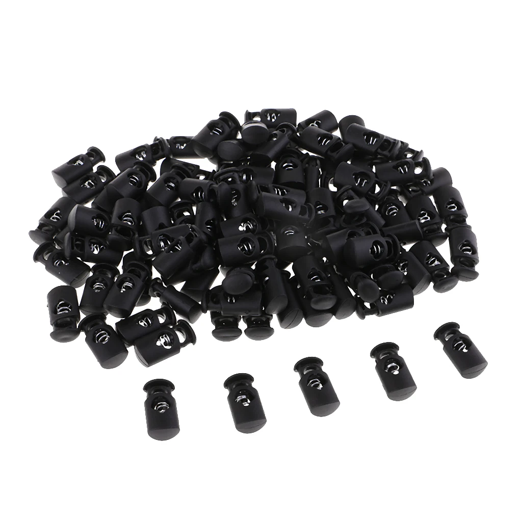 

100pcs Black Plastic Toggle Spring Clasp Stop Single Hole String Cord Locks