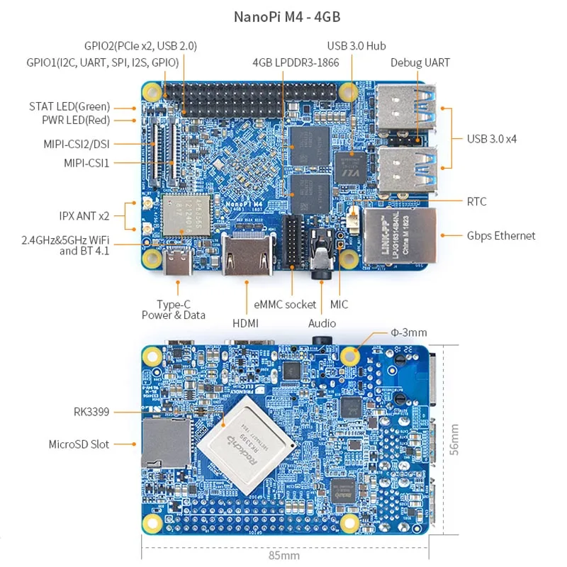 NanoPi M4 2 ГБ/4 ГБ DDR3 Rockchip RK3399 SoC 2,4G и 5G двухдиапазонный WiFi, Поддержка Android 8,1 Ubuntu, AI и глубокого обучения