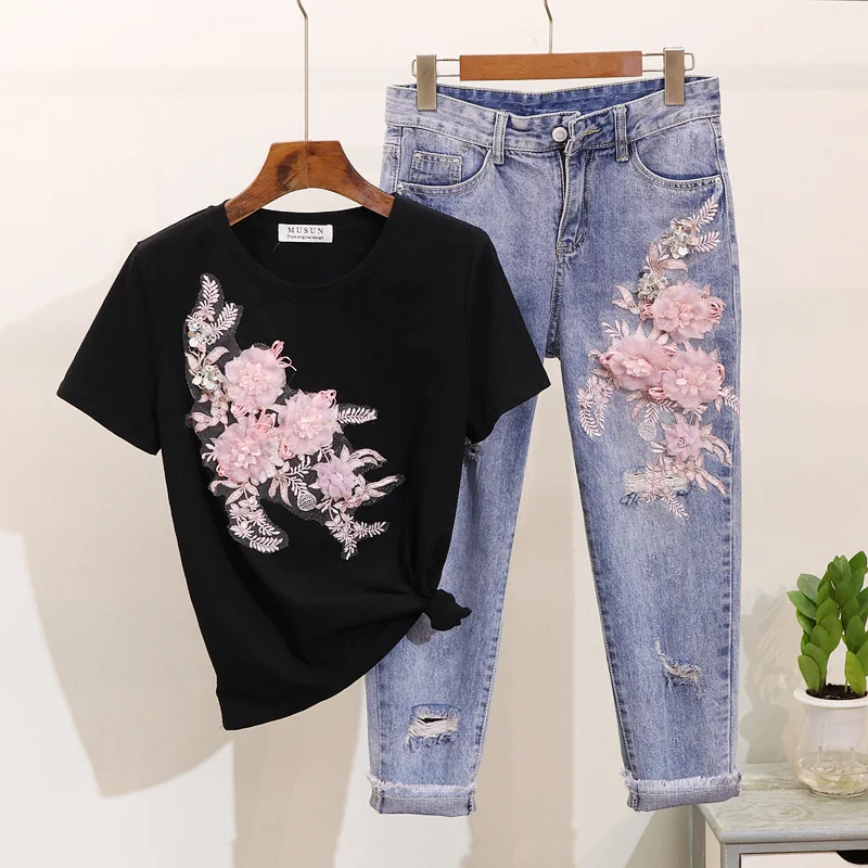 Женский комплект одежды ALPHALMODA модные 3D футболки с цветочным узором рваные джинсы