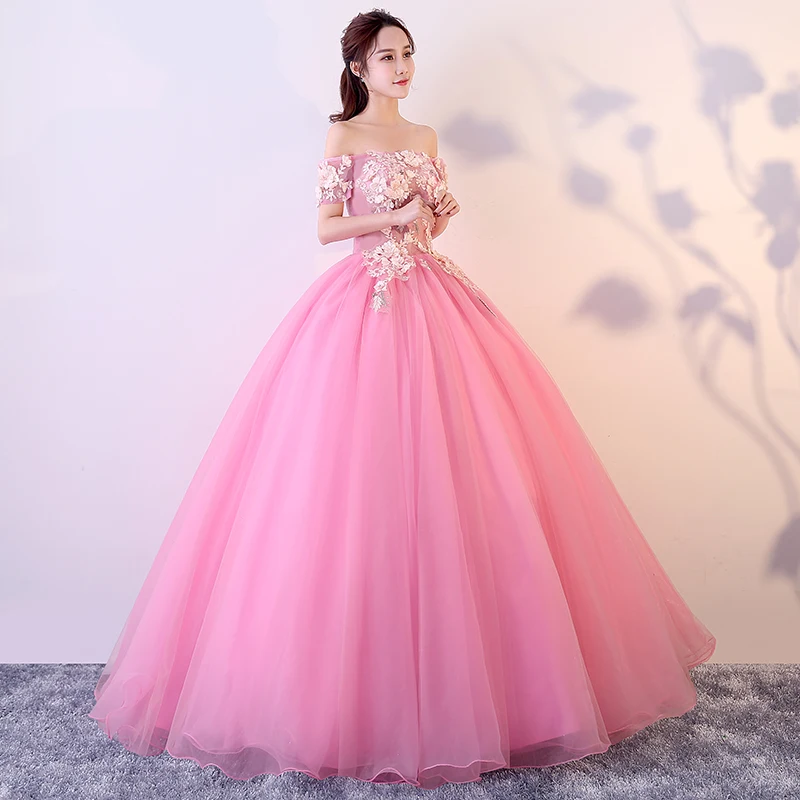 

Off The Shoulder Pink Princess Quinceanera Dresses Boat Neck Short Sleeves Appliques Sweet 16 Quinceanera Dress Puffy Ball Gowns