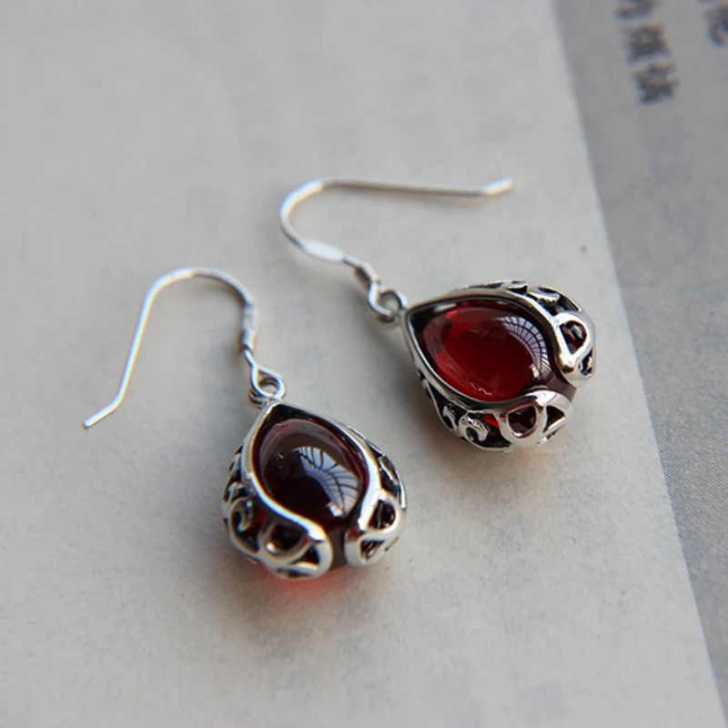 

925 Sterling silver jewelry semi-precious stones garnet Bohemian classical vintage Bangkok girls water drop Dangle earrings