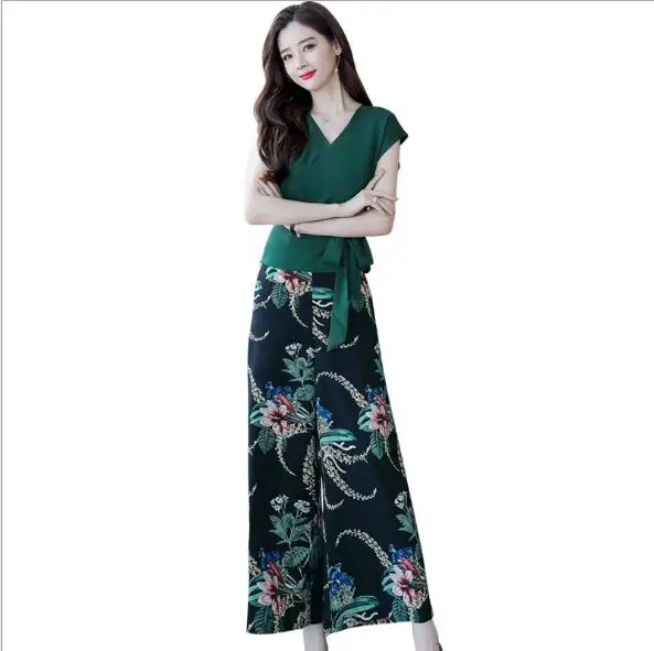 2018 new summer temperament was thin two-piece printing chiffon wide-leg pants casual fashion suit female big code tide | Женская одежда
