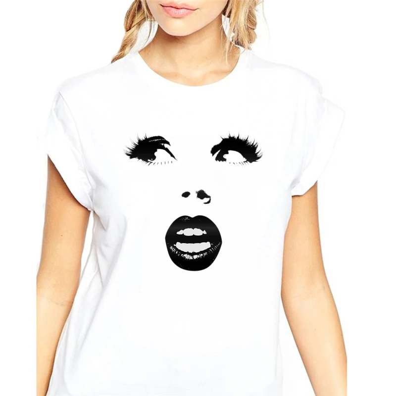 2019 мода плюс размер новая футболка женская ресницы губы Принт Топы Camiseta Graphic tee Shirt