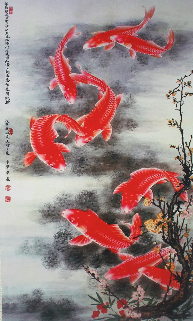 Figure nine figure fish more than auspicious decorative painting paintings office entrance Feng Shui silk scroll | Дом и сад