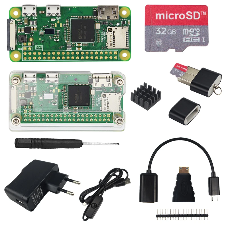 Raspberry Pi Zero W Kit + Acrylic Case + 16/32 GB SD Card + Heat Sinks + Optional Power Supply | Switch USB Cable for Pi Zero W