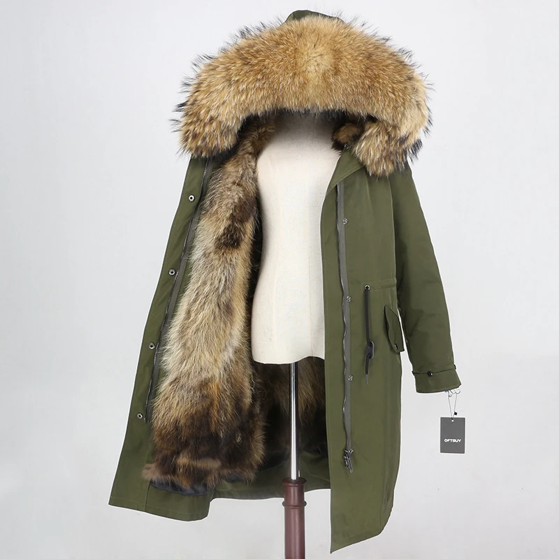 green natural OFTBUY X-long Parka, водонепроницаемая верхняя одежда, зимняя куртка для женщин, натуральный мех енота, капюшон, подкладка из лисьего меха, Съемный натуральный мех - Цвет: green natural