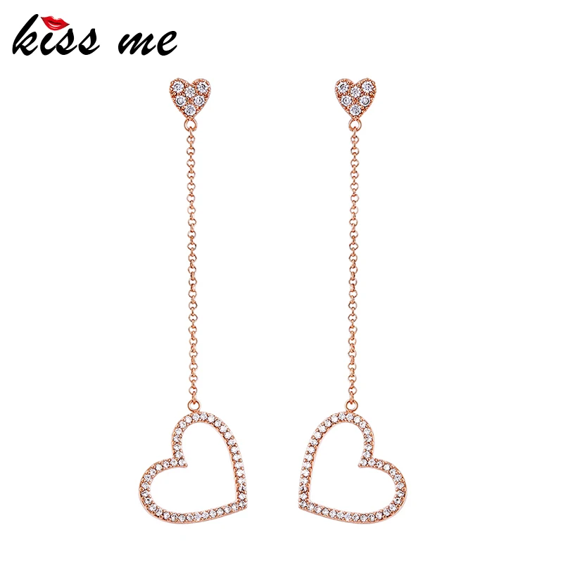 

KISS ME Lovely Heart Earrings Korean Fashion Rose Gold Color Copper Crystal Long Earrings for Women Wedding Jewelry