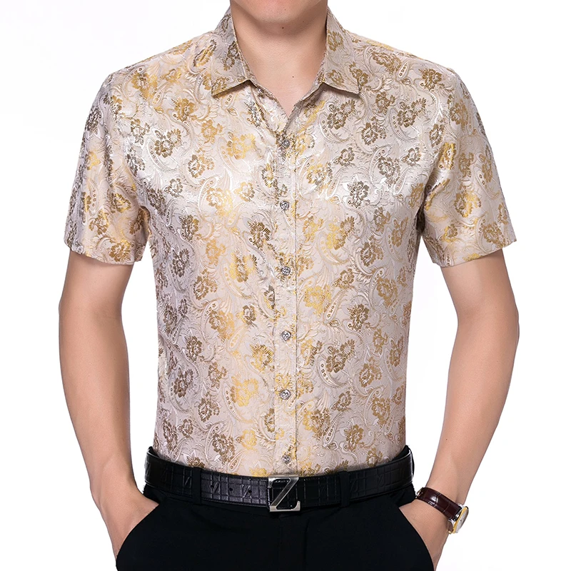 Мужское атласное платье с коротким рукавом Повседневная шелковая рубашка